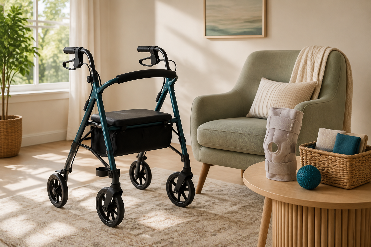 A modern rollator and orthopedic support arranged in a comfortable home setting